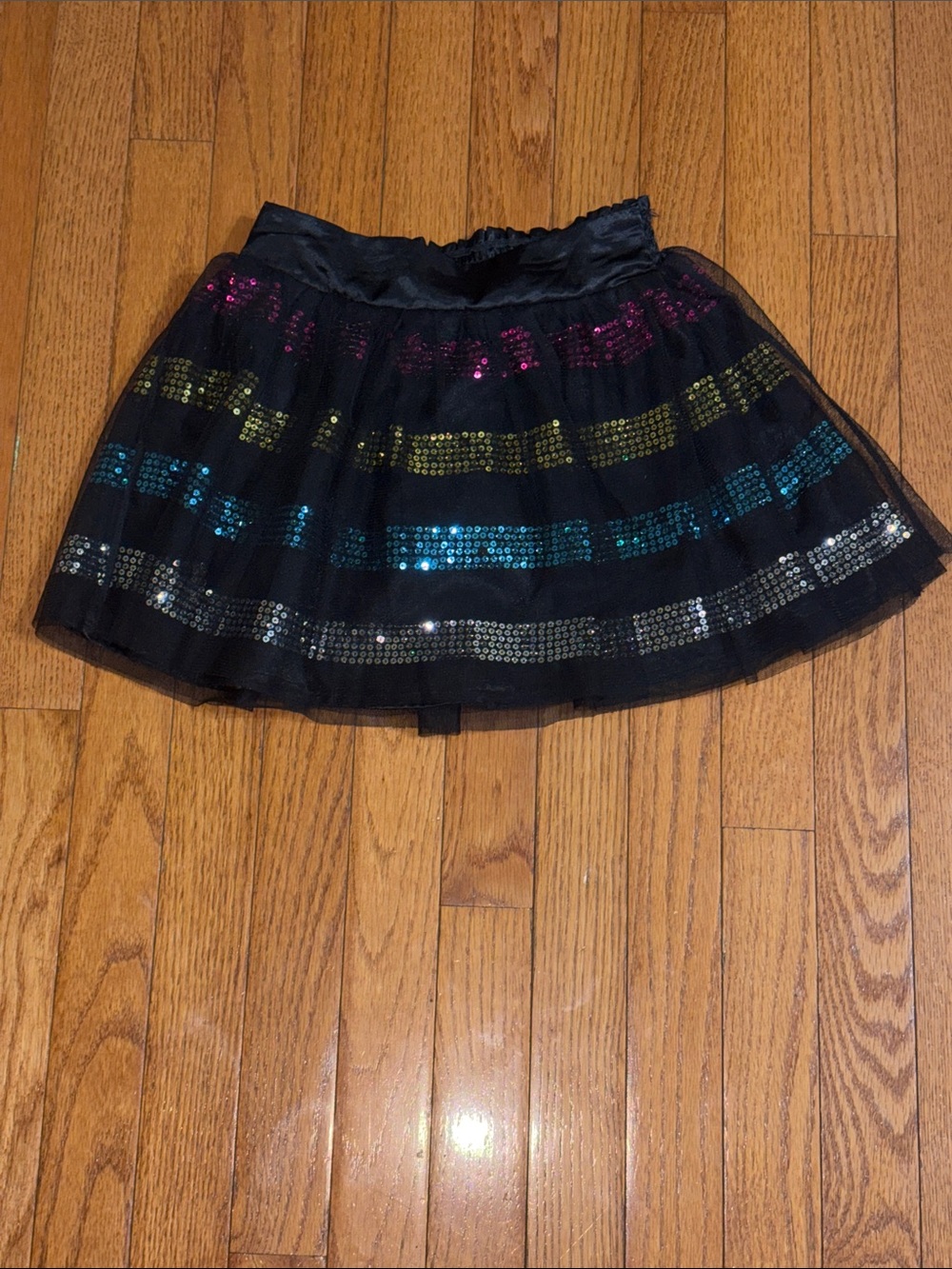 Justice Black Tulle Skater Skirt with Pink Yellow Blue Silver Sequin Stripes